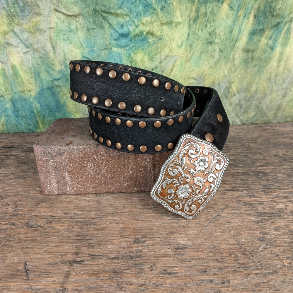 Studded Black Leather Belt with Silver Buckle